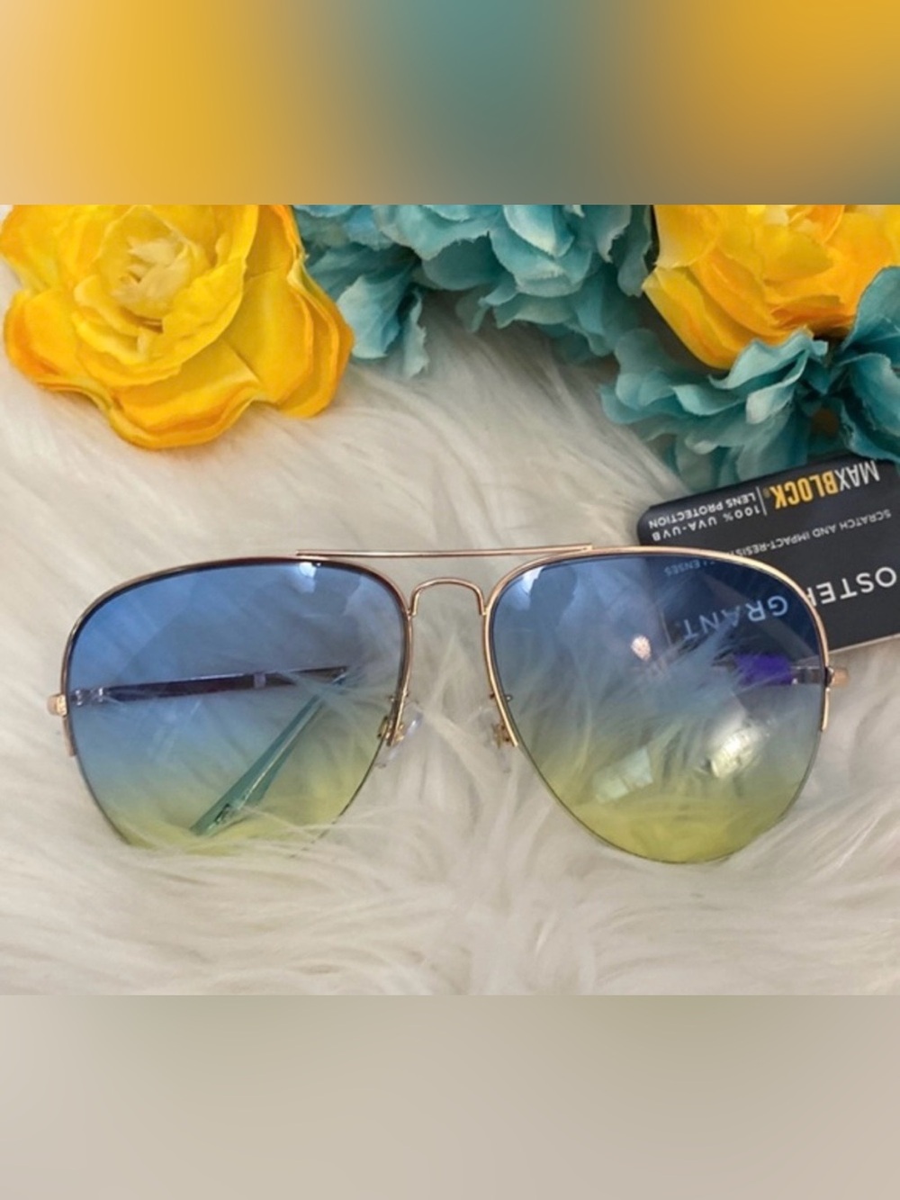 Women’s Aviator Sunglasses Blue/Yellow Lens Gold Frame & Arms Foster Grant NEW!